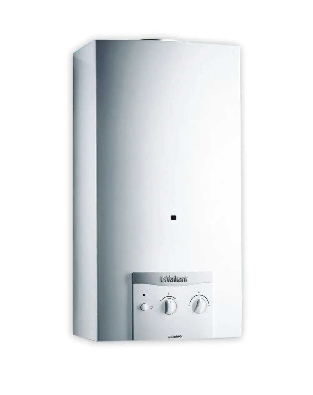 Gas-Durchlauferhitzer von Vaillant mit zwei Einstellreglern und einem Kontrolllicht in schlichtem, weißem Gehäuse. Ideal für Kaminanschluss.